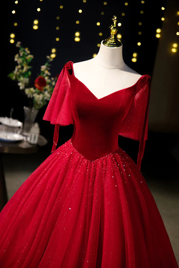 Burgundy Velvet and Tulle Long Prom Dress A-Line V-Neck Formal Evening Dress