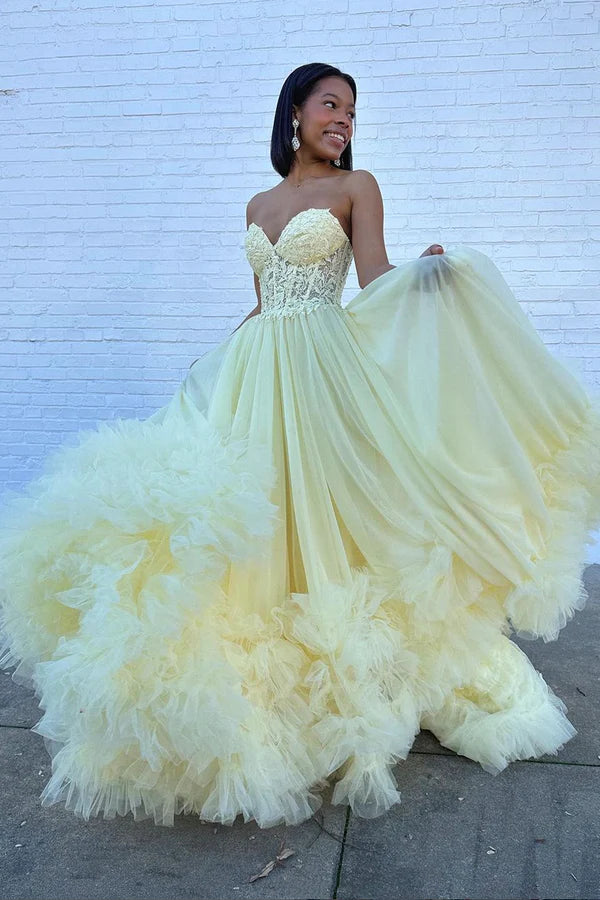 A-Line Yellow Sweetheart Corset Ruffle Prom Dress Beautiful Tulle Formal Evening Dress