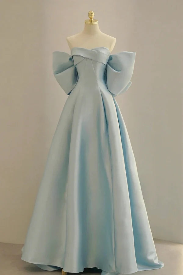Blue Satin Long Prom Dress with Big Bow Blue A-Line Evening Party Dress