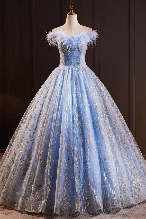 Blue Tulle Sequins Long A-Line Prom Dress with Feather Off the Shoulder Evening Party Dress