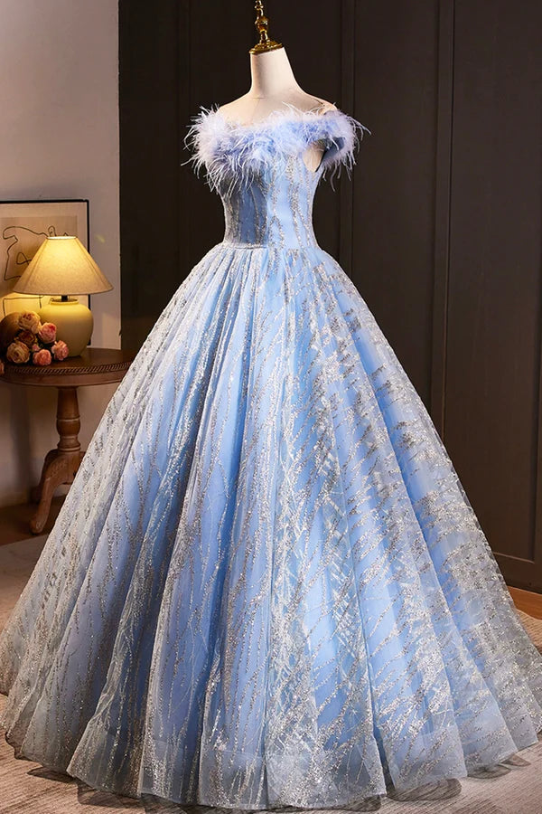 Blue Tulle Sequins Long A-Line Prom Dress with Feather Off the Shoulder Evening Party Dress