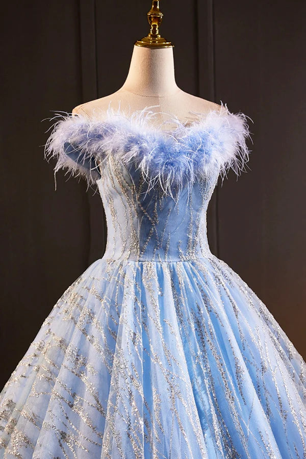 Blue Tulle Sequins Long A-Line Prom Dress with Feather Off the Shoulder Evening Party Dress