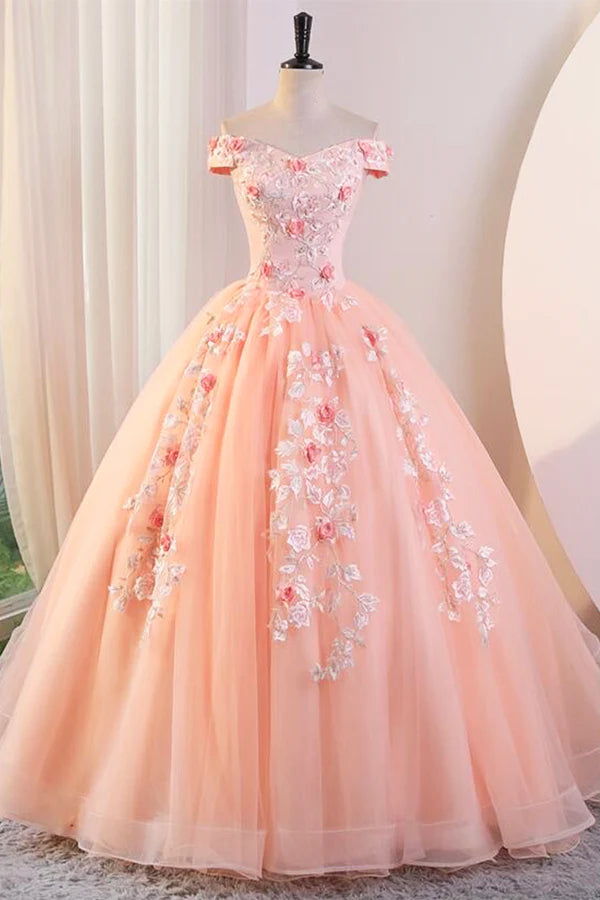 Pink Tulle Lace and Flowers Ball Gown Formal Dresses Pink Long Sweet 16 Dresses