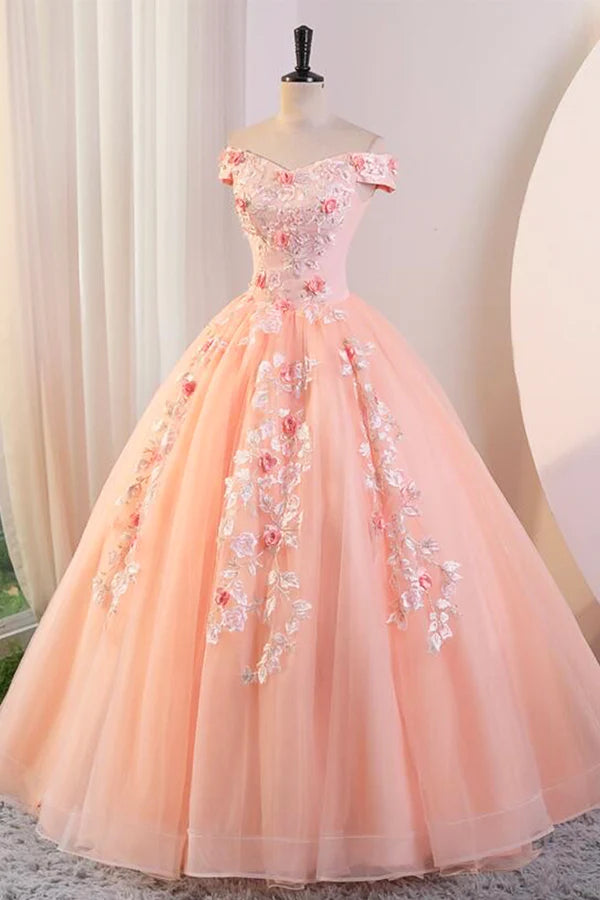 Pink Tulle Lace and Flowers Ball Gown Formal Dresses Pink Long Sweet 16 Dresses