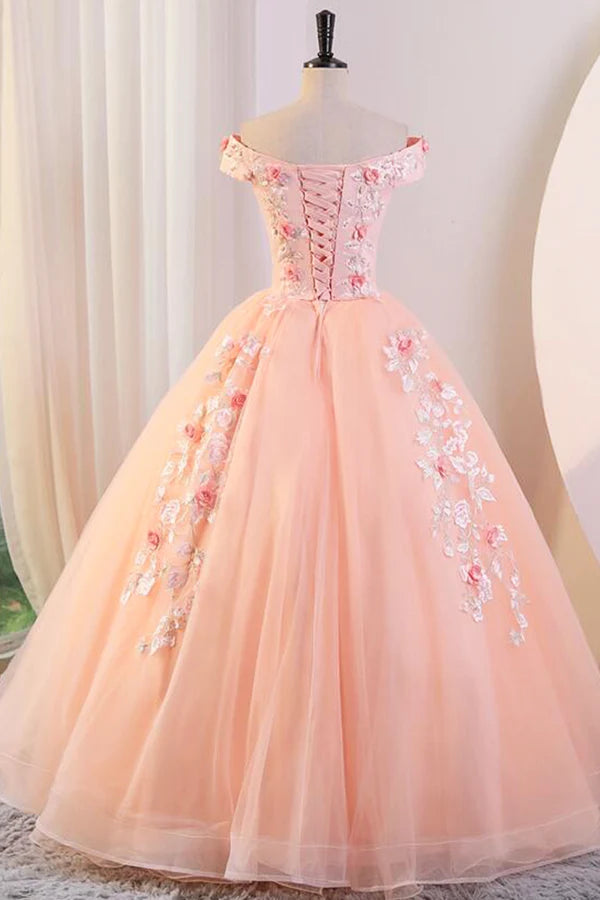 Pink Tulle Lace and Flowers Ball Gown Formal Dresses Pink Long Sweet 16 Dresses