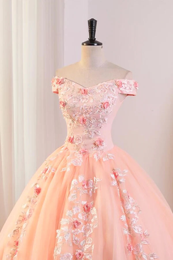 Pink Tulle Lace and Flowers Ball Gown Formal Dresses Pink Long Sweet 16 Dresses