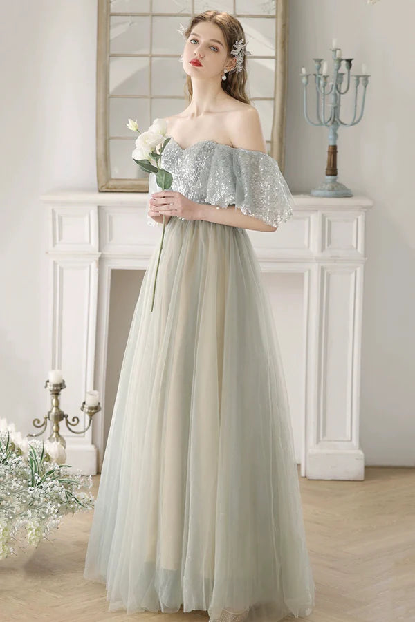 Beautiful Tulle Sequins Long Prom Dress Green A-Line Backless Evening Party Dress