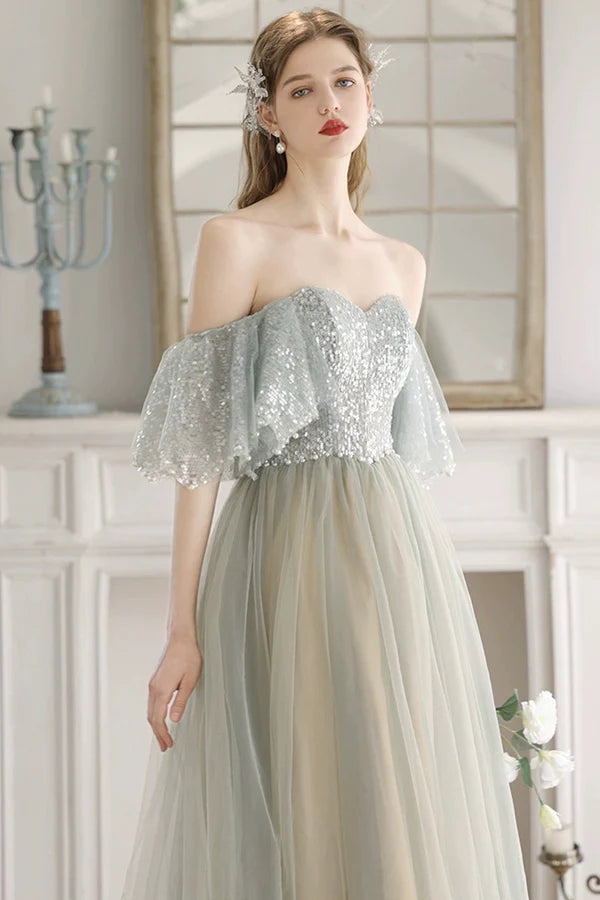 Beautiful Tulle Sequins Long Prom Dress Green A-Line Backless Evening Party Dress