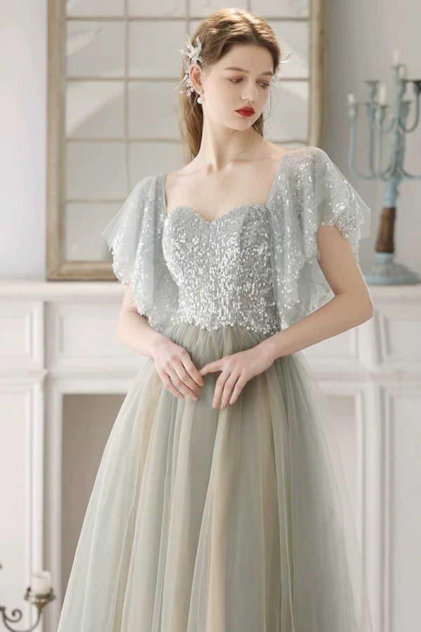 Beautiful Tulle Sequins Long Prom Dress Green A-Line Backless Evening Party Dress