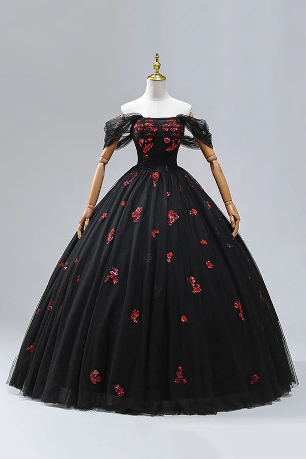 Black Tulle Sequins Long Formal Dress A-Line Off the Shoulder Backless Evening Dress