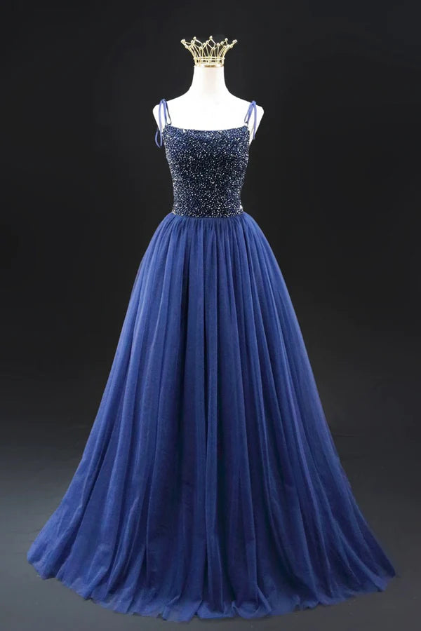 Navy Blue Tulle Beads Long A-Line Prom Dress Elegant Spaghetti Strap Backless Evening Dress