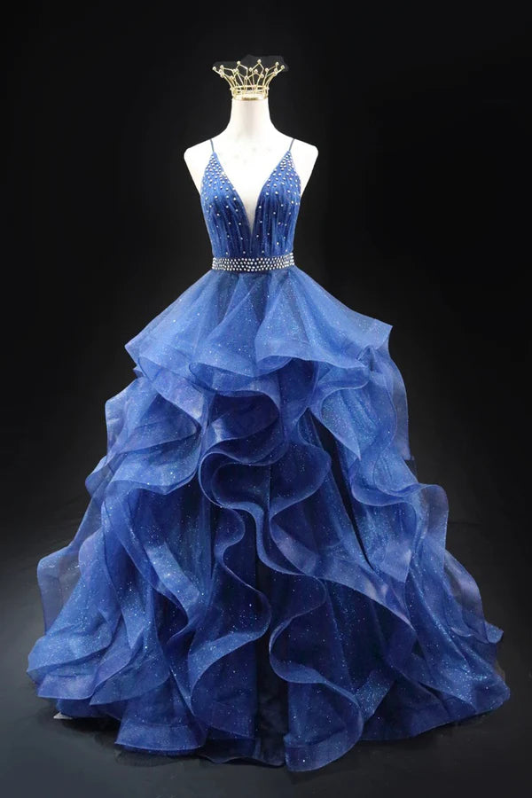 Blue Glitter Tulle Long A-Line Prom Dress V-Neck Spaghetti Strap Backless Evening Party Dress