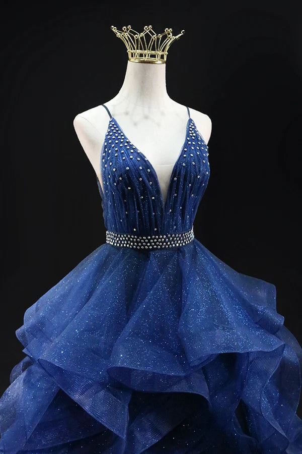 Blue Glitter Tulle Long A-Line Prom Dress V-Neck Spaghetti Strap Backless Evening Party Dress