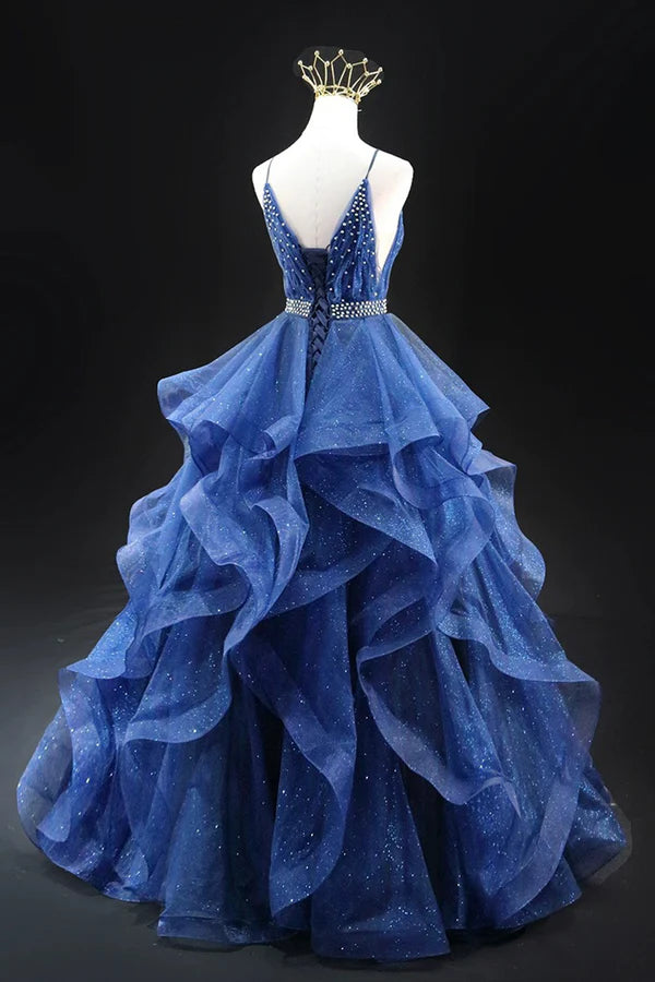 Blue Glitter Tulle Long A-Line Prom Dress V-Neck Spaghetti Strap Backless Evening Party Dress
