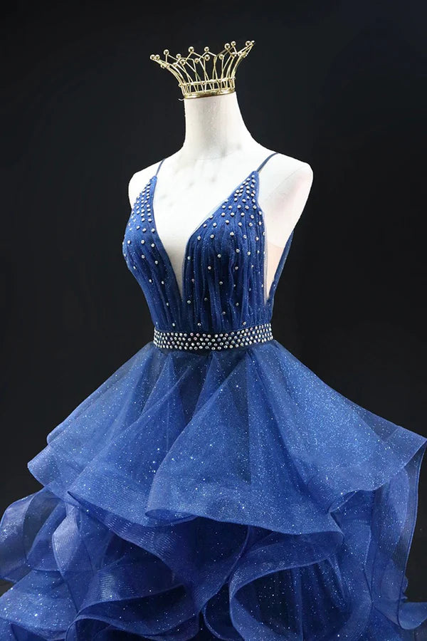 Blue Glitter Tulle Long A-Line Prom Dress V-Neck Spaghetti Strap Backless Evening Party Dress