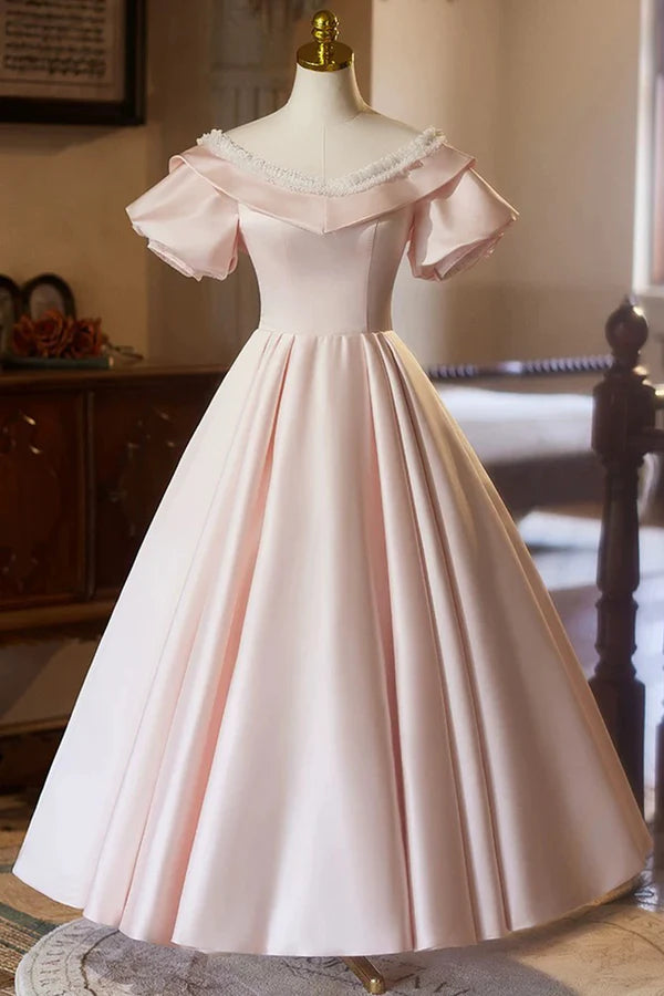 Pink V-Neck Satin A-Line Prom Dress Beautiful Short Sleeve Evening Party Dress