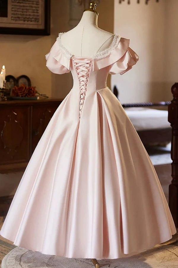 Pink V-Neck Satin A-Line Prom Dress Beautiful Short Sleeve Evening Party Dress