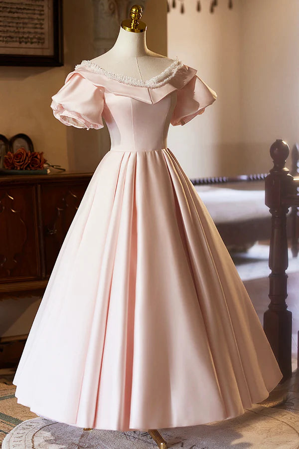 Pink V-Neck Satin A-Line Prom Dress Beautiful Short Sleeve Evening Party Dress