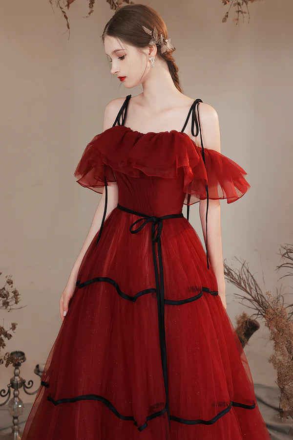 Burgundy Off Shoulder Tulle Long Prom Dresses Burgundy Evening Party Dresses