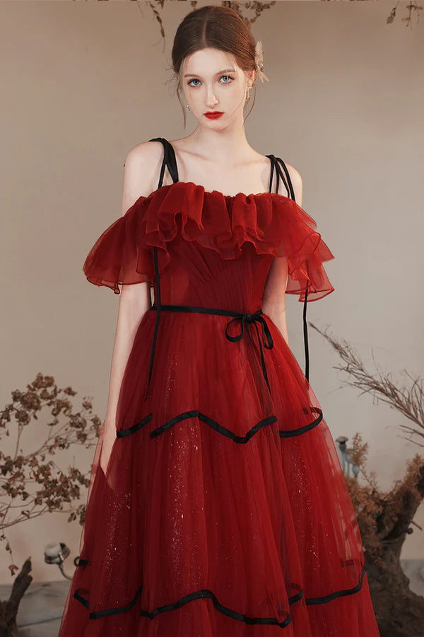 Burgundy Off Shoulder Tulle Long Prom Dresses Burgundy Evening Party Dresses