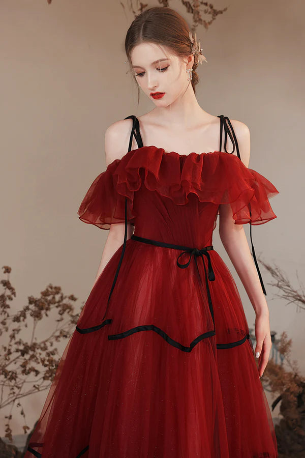 Burgundy Off Shoulder Tulle Long Prom Dresses Burgundy Evening Party Dresses