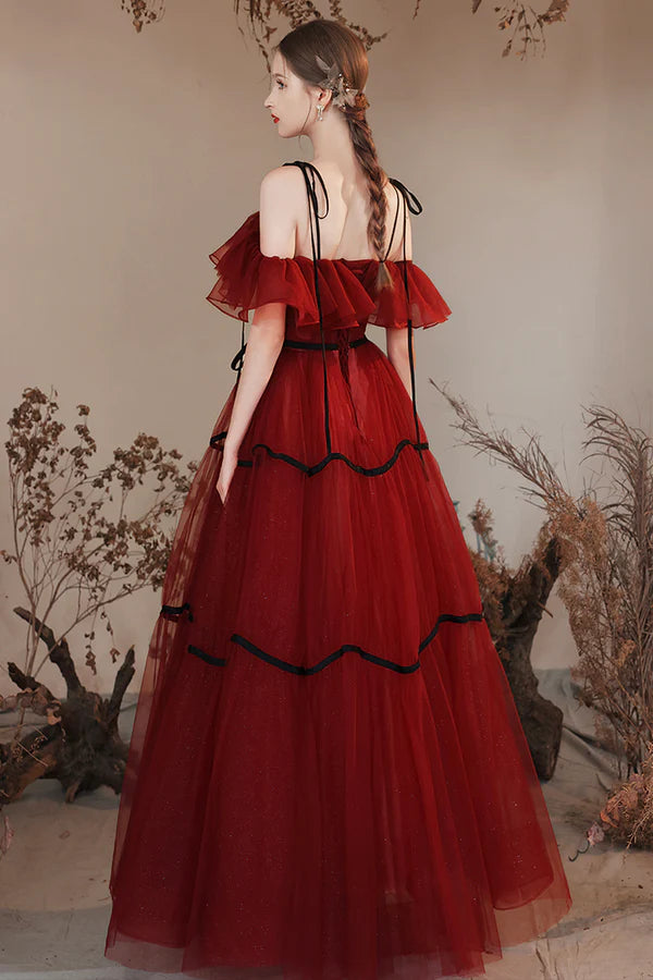 Burgundy Off Shoulder Tulle Long Prom Dresses Burgundy Evening Party Dresses