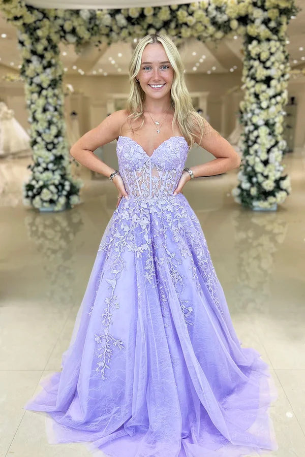 Lavender Appliques Lace-Up Tulle Party Dress Beautiful A-line Prom Dress