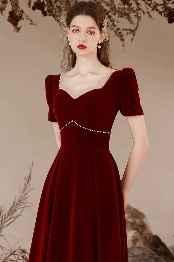 Burgundy Velvet Long Prom Dress with Pearls Burgundy Elegant Evening Dress
