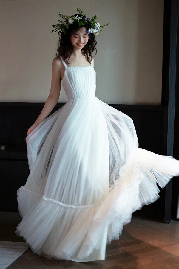 White Tulle Spaghetti Straps Floor Length Party Dress White Evening Prom Dress