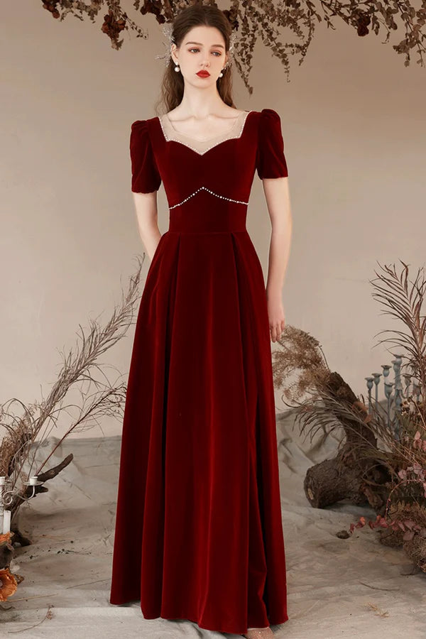 Burgundy Velvet Long Prom Dress with Pearls Burgundy Elegant Evening Dress