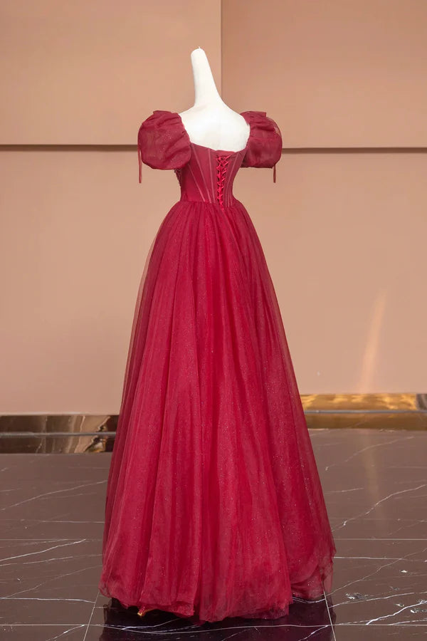 Burgundy Tulle Beaded Floor Length Prom Dress A-Line Short Sleeve Evening Dress