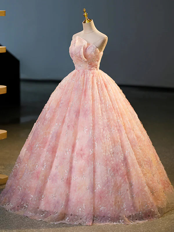 Pink Flower Long Princess Dress Pink Strapless Formal Evening Dress