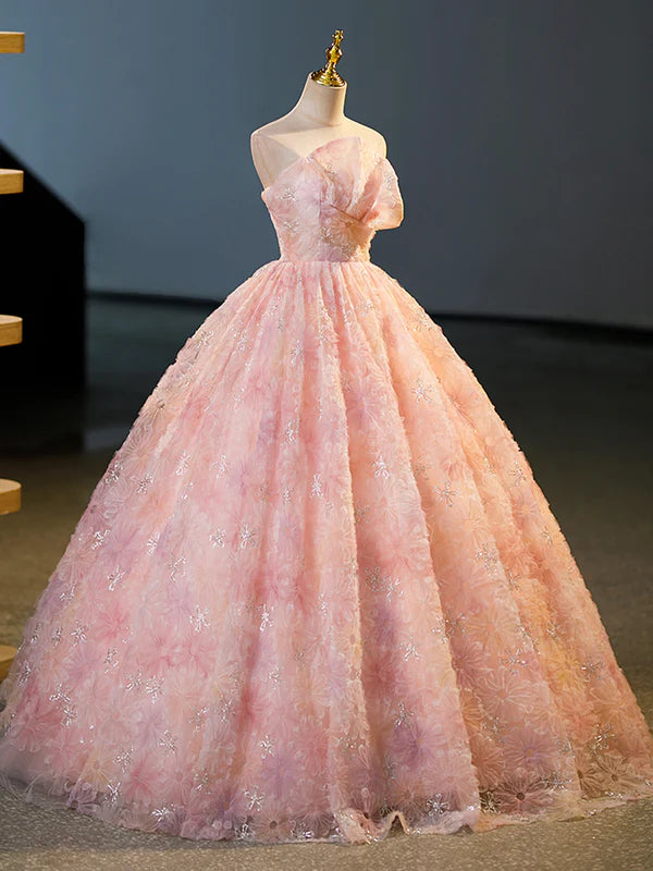 Pink Flower Long Princess Dress Pink Strapless Formal Evening Dress