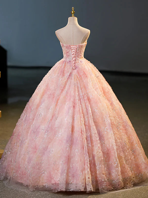 Pink Flower Long Princess Dress Pink Strapless Formal Evening Dress