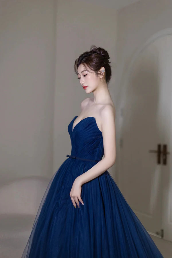 Blue Strapless Tulle Long Formal Dress A-Line Sweetheart Neckline Evening Dress