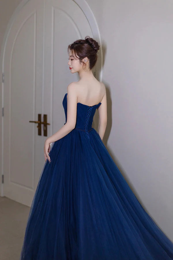Blue Strapless Tulle Long Formal Dress A-Line Sweetheart Neckline Evening Dress