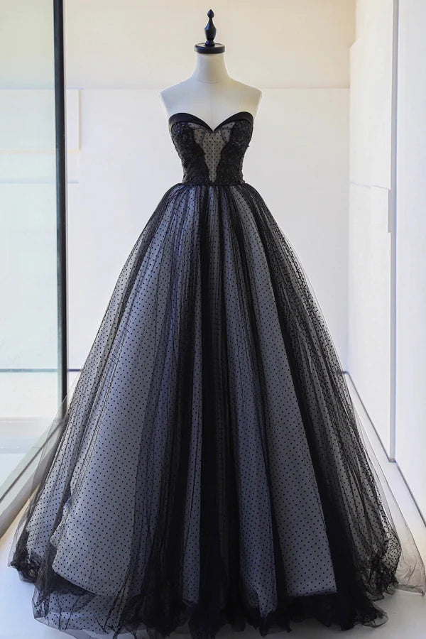 Black Strapless Tulle Lace Long Prom Dress A-Line Sweetheart Neck Evening Party Dress