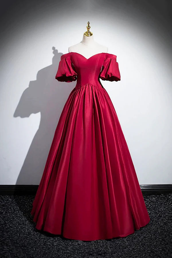 Burgundy Satin Floor Length A-Line Prom Dress Off the Shoulder Evening Party Dress