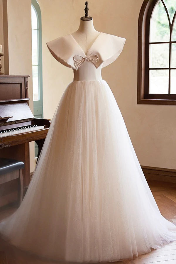 Lovely Champagne Long Prom Dresses A-Line Princess V-Neck Bow Sleeveless Backless Formal Dresses