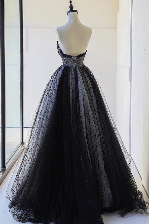 Black Strapless Tulle Lace Long Prom Dress A-Line Sweetheart Neck Evening Party Dress