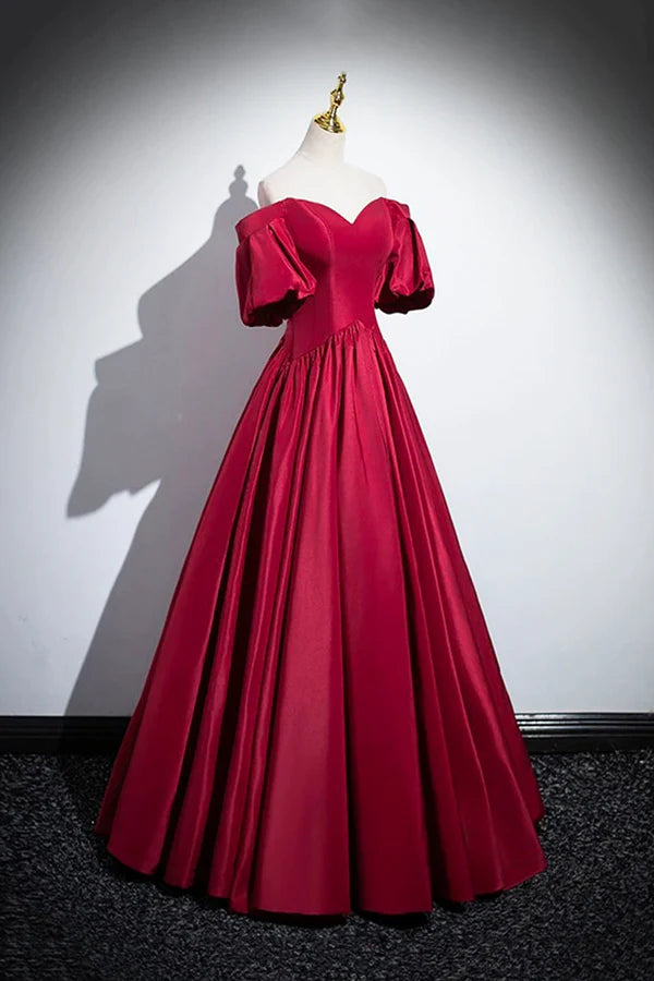 Burgundy Satin Floor Length A-Line Prom Dress Off the Shoulder Evening Party Dress
