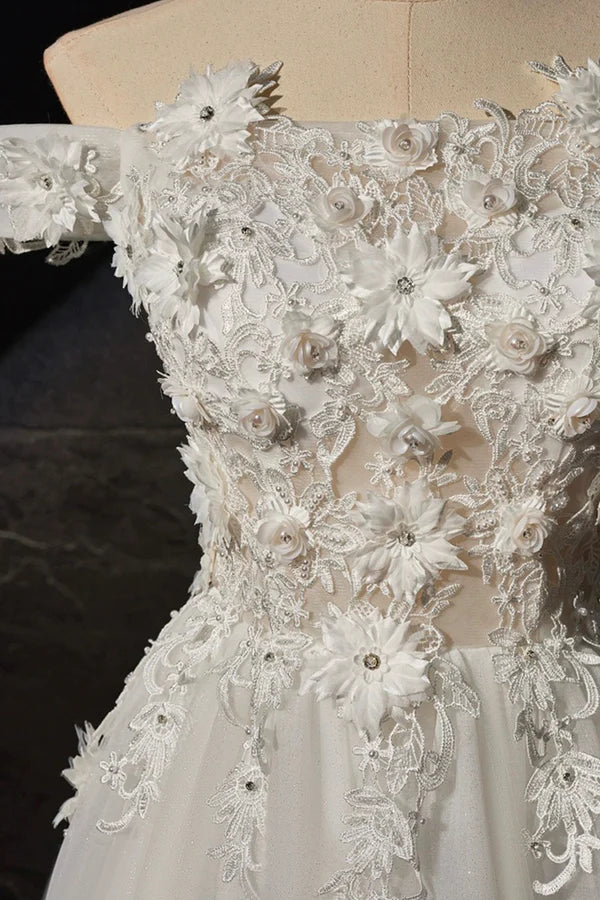 White A-line Off the Shoulder Flowers and Tulle Formal Dress Beautiful Long Evening Party Dress
