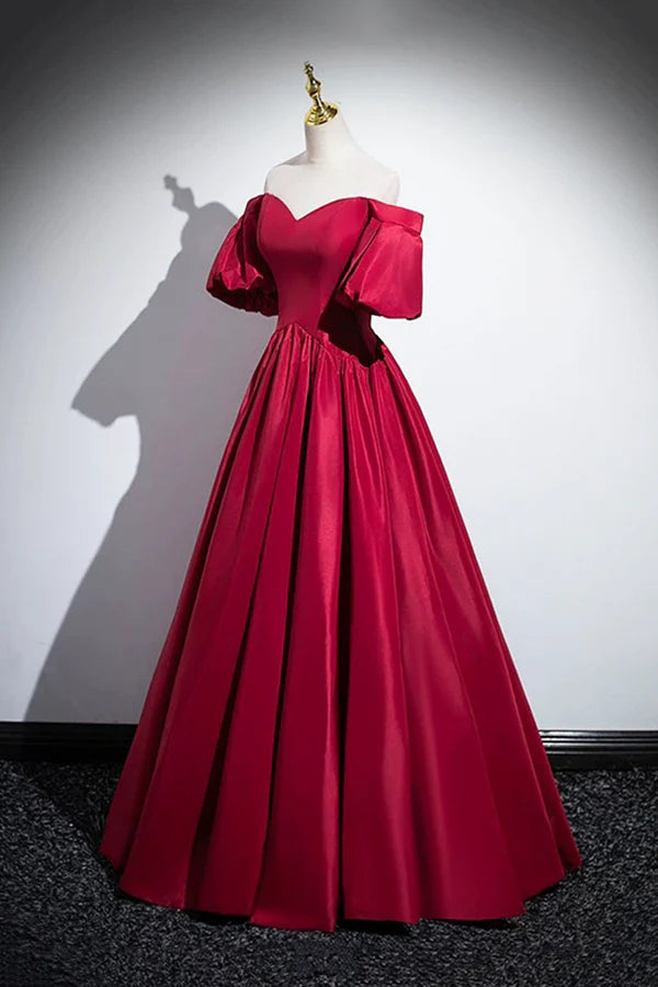 Burgundy Satin Floor Length A-Line Prom Dress Off the Shoulder Evening Party Dress