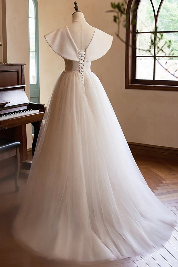 Lovely Champagne Long Prom Dresses A-Line Princess V-Neck Bow Sleeveless Backless Formal Dresses