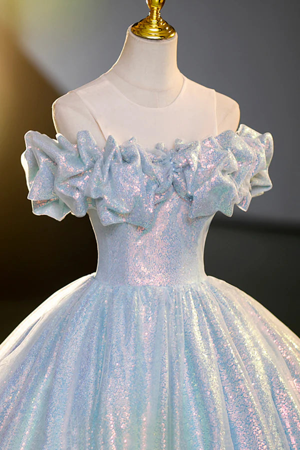 Sparkling Tulle Sequins Long Floor Length Formal Dress Beautiful Off the Shoulder Evening Dress