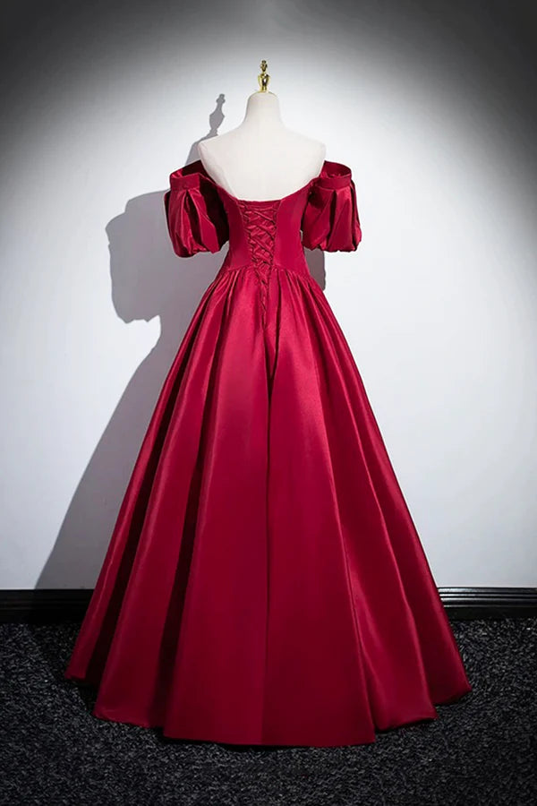 Burgundy Satin Floor Length A-Line Prom Dress Off the Shoulder Evening Party Dress