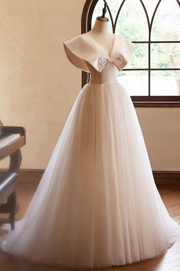 Lovely Champagne Long Prom Dresses A-Line Princess V-Neck Bow Sleeveless Backless Formal Dresses