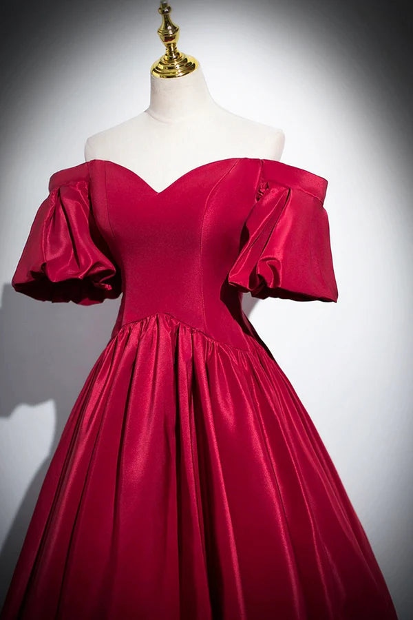 Burgundy Satin Floor Length A-Line Prom Dress Off the Shoulder Evening Party Dress