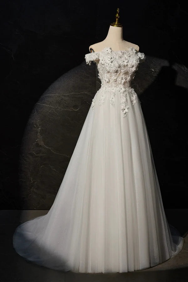 White A-line Off the Shoulder Flowers and Tulle Formal Dress Beautiful Long Evening Party Dress