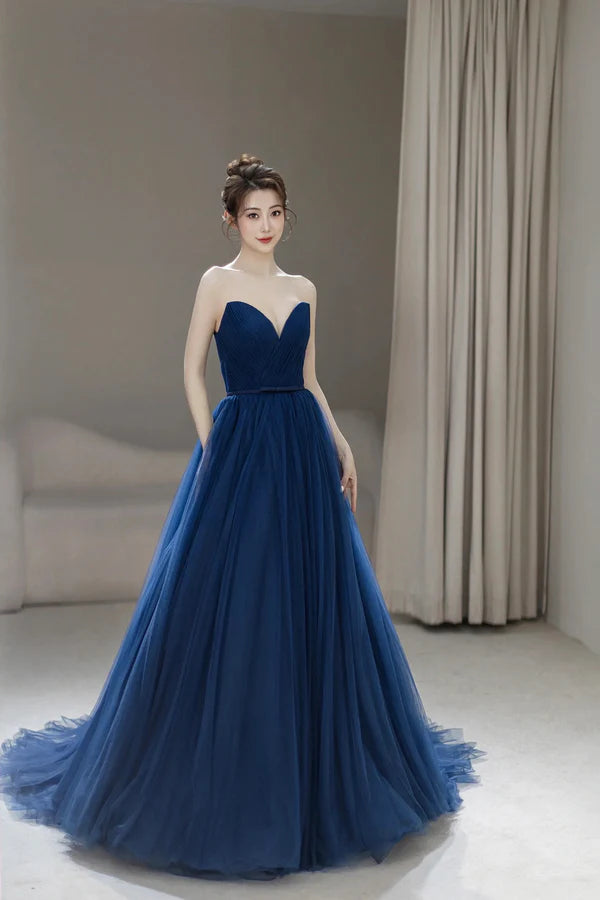 Blue Strapless Tulle Long Formal Dress A-Line Sweetheart Neckline Evening Dress